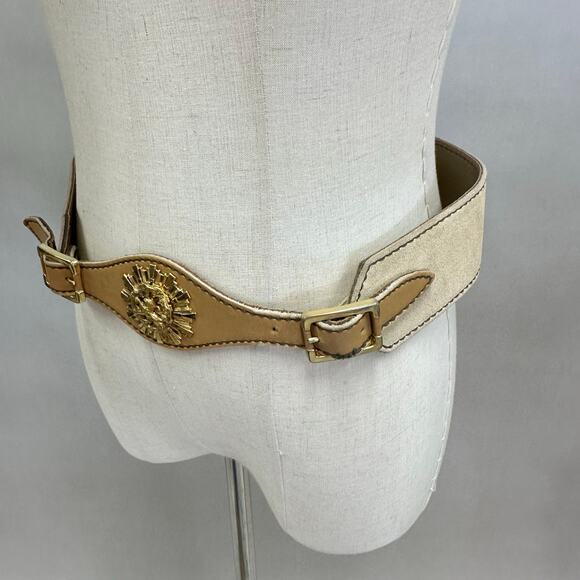 Vintage Suede Leather Waist Belt w/ Gold Lion Medallion Statement Size Large - Picture 9 of 15
